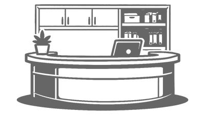 Icon eines Empfangstresens mit Ablage und Schrankelementen im Hintergrund