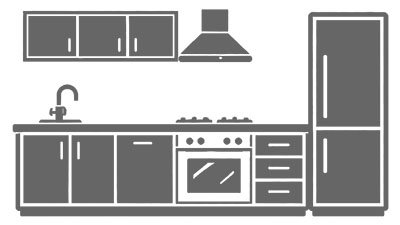 Icon einer K&uuml;chenzeile mit Sp&uuml;le, Herd, H&auml;ngeschr&auml;nken und K&uuml;hlschrank