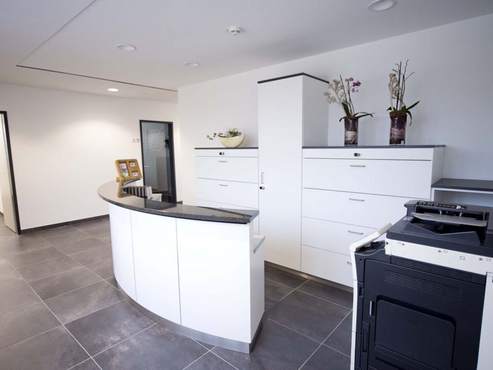 Moderner Empfangsbereich mit gebogenem Tresen und ma&szlig;gefertigten Schr&auml;nken